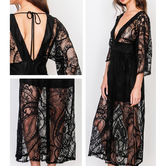 Black Sheer Lace Plunging V Neck Kimono Midi Dress - Picture 6 of 8